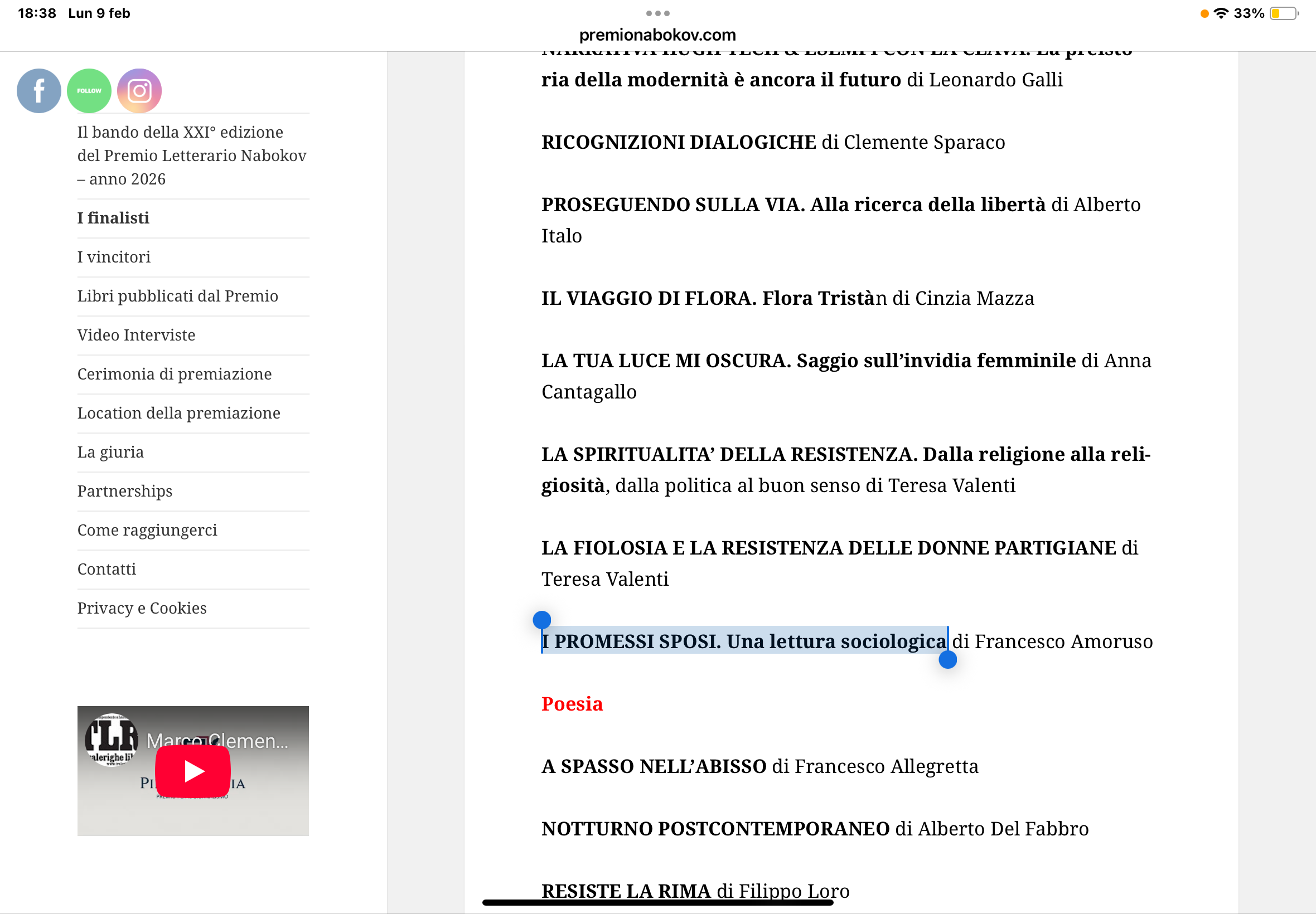 I PROMESSI SPOSI. Una lettura sociologica finalista al premio Nabokov 2026